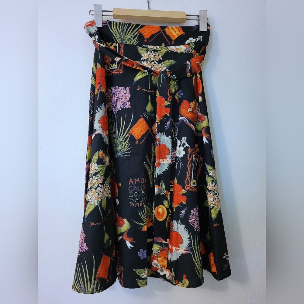 Frida Kahlo Orange, Red, Green and Black Midi Skirt with Wrap Tie Front